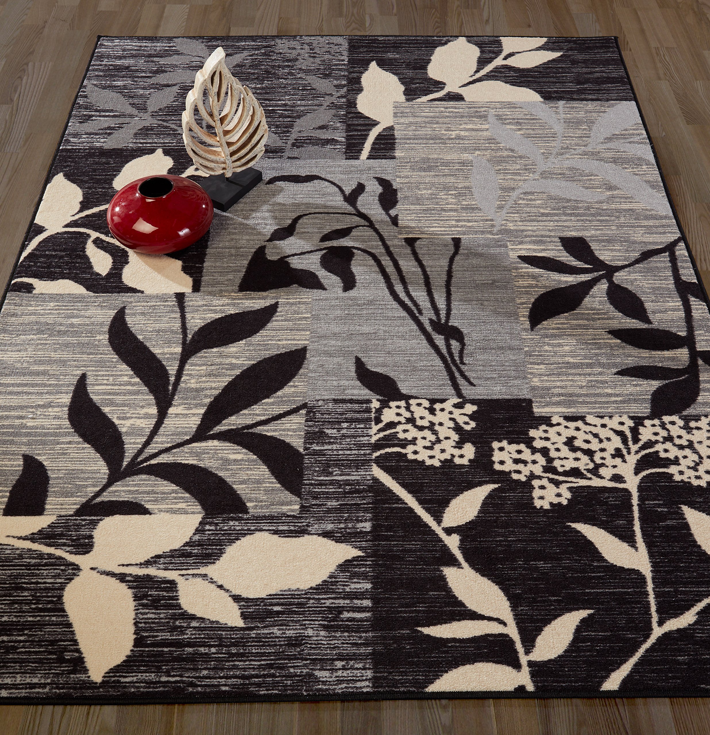 Contemporary Floral Patchwork Design Non-Slip Kitchen / Bathroom / Living Room Area Rug, 5'0" W x 6'6" L, Ivory / Grey / Black