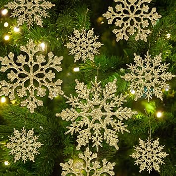 60pcs Christmas Gold Snowflake Ornaments Plastic Glitter Snow Flakes Ornaments for Winter Christmas Tree Decorations Size Varies Craft Snowflakes