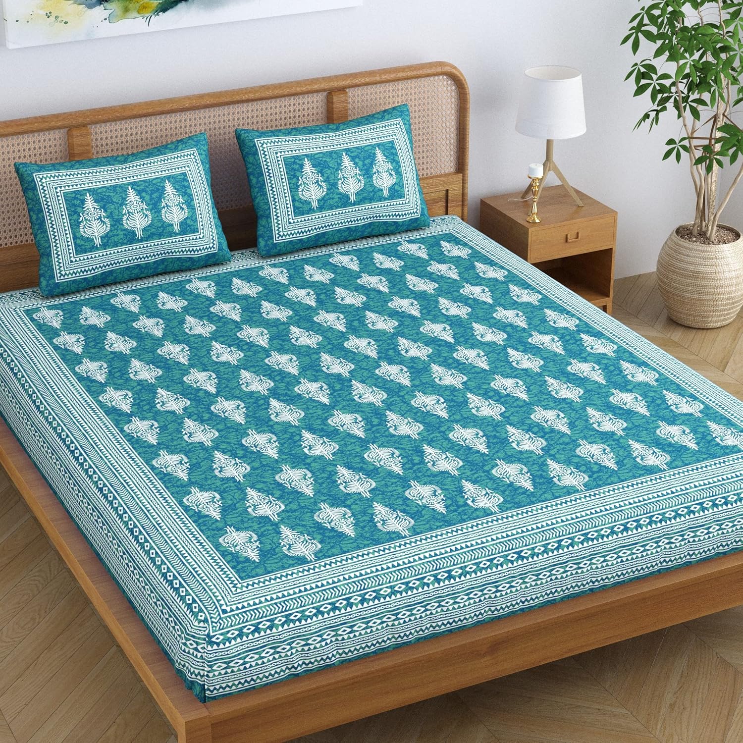 SheetKart Motif Floral 144 TC 100% Cotton Double Bedsheet Jaipuri Printed Bed Cover with 2 Pillow Covers – Sea Green