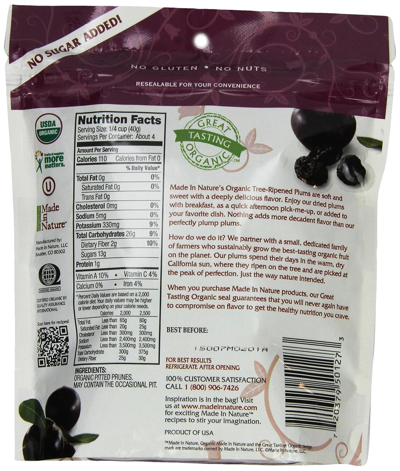 Made In Nature Organic Plums, Pitted, Dried and Unsulfured, 6-Ounce Bags (Pack of 6)