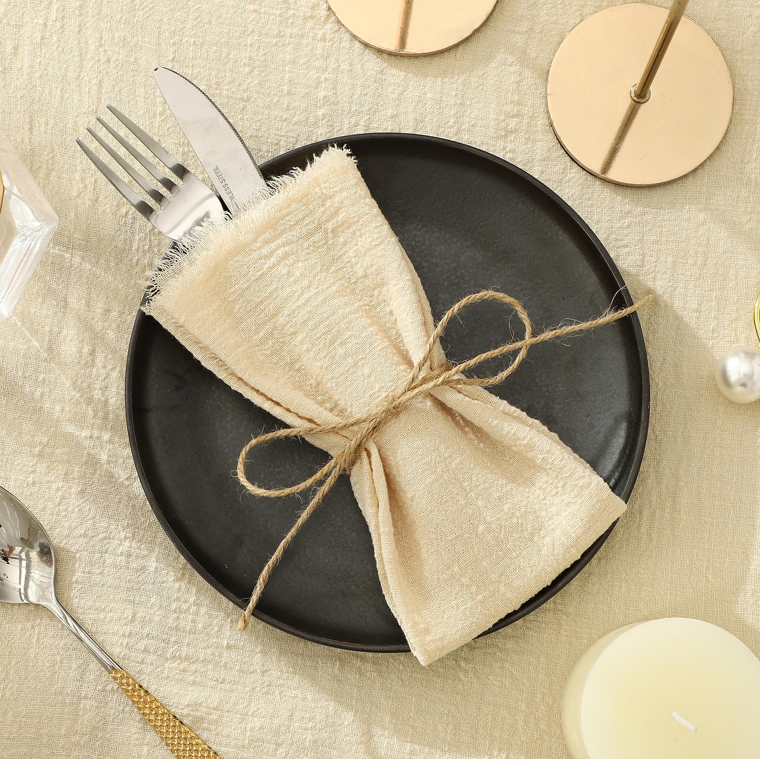 Linen Napkins Set of 12, Versatile 17x17 Inches Handmade Cotton Cloth Napkins, Dinner Table Cloth Napkins for Wedding, Christmas and Parties, Beige