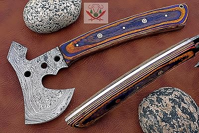 FB LEATHER CRAFTS Tactical Combat Custom Made Damascus Steel Hunting Axe/Throwing Hatchets Smart Axe FBA-0021 / Camping & Hiking/Compact Axe/Gift for him (Black & Orange Wood)