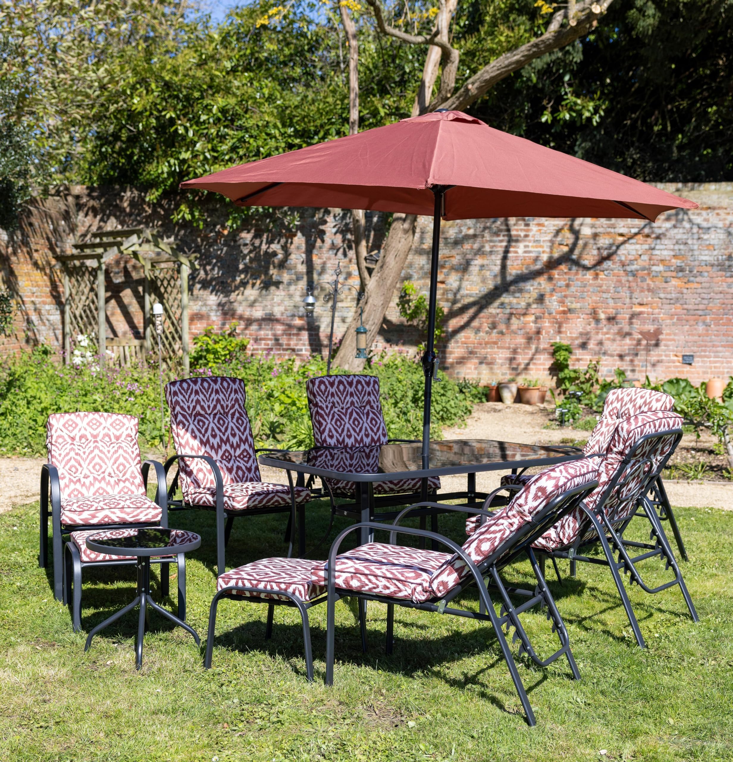Hectare 6 Seater Metal Garden Furniture Outdoor Dining Set with Side Table Footstools and Parasol in Wine Aztec Pattern