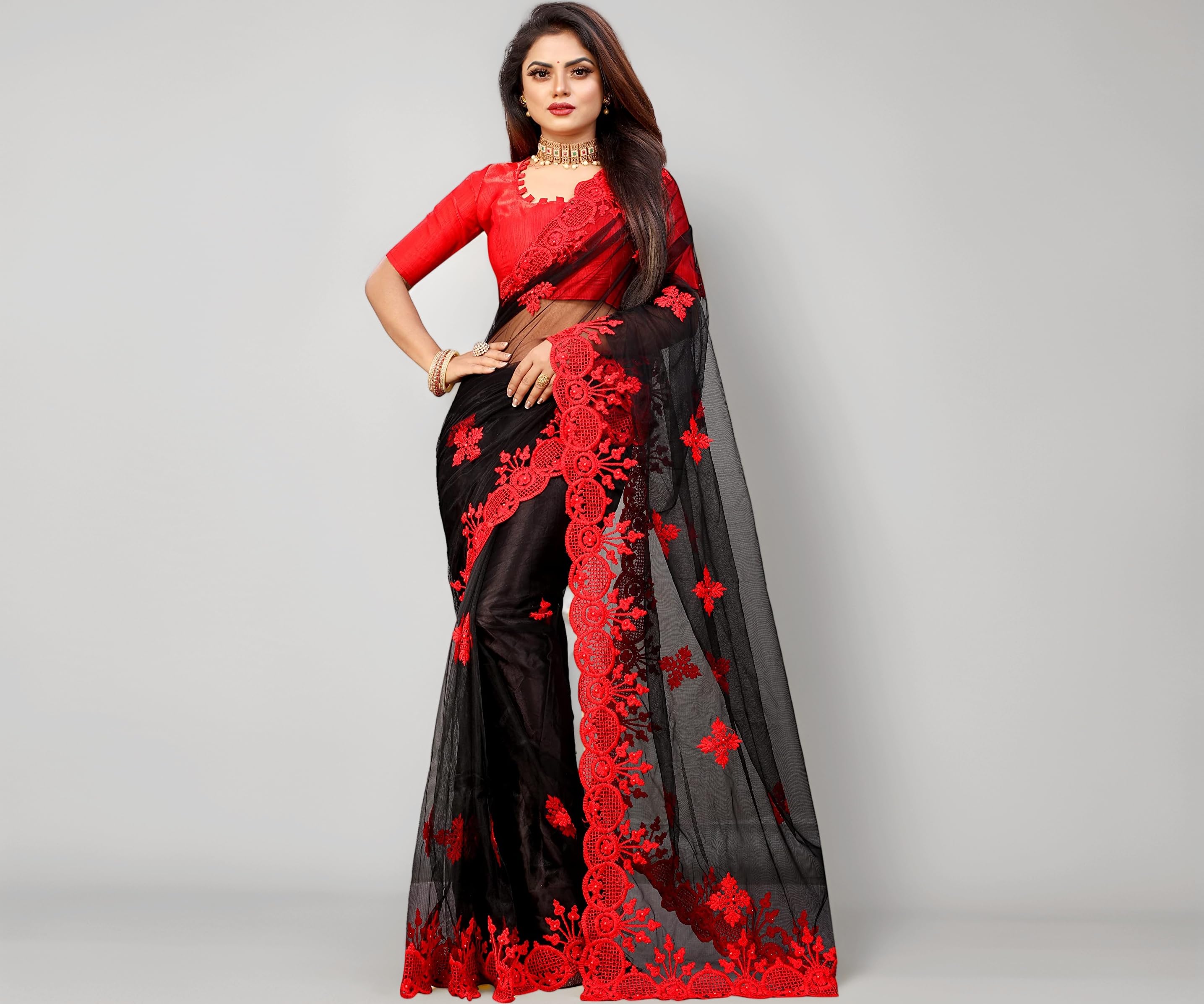 BARKIYA CREATION Women's Fashion Net Fabric Saree With Unstitch Blouse Piece