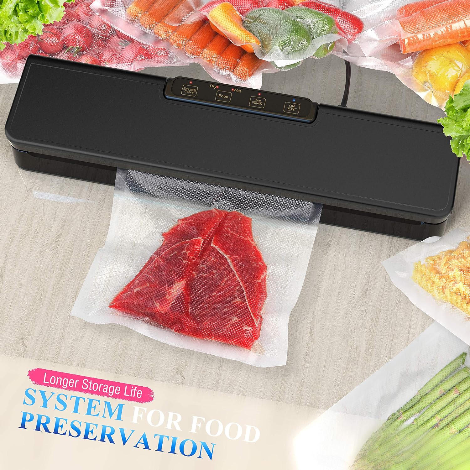 Vacuum Sealer Machine, Automatic Food Sealer Air Sealing System for Food Savers w, Starter Kit, Seal a Meal Foodsave Packing, Led Indicator Lights,Dry & Moist Food Modes(15 Pack Bags)