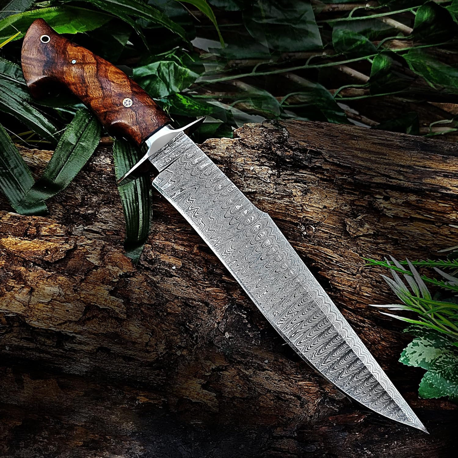 OCEAN KNIFE 15"" Inch Handmade Bowie Knife with Leather Sheath - Full Fixed Blade Hunting Knife - Damascus Steel Bolsters Ram Horn Handle, Black Silver