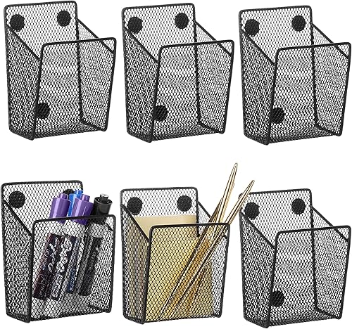 Miniatura 1 de MyGift - Rotulador magnético de malla de alambre negro y marcador de borrado en seco, cestas de almacenamiento de suministros de oficina,