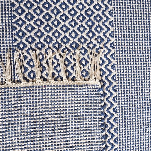 SAFAVIEH Montauk Collection Area Rug - 6' Square, Ivory & Navy, Handmade Flat Weave Boho Farmhouse Cotton Tassel Fringe, Ideal for High Traffic Areas in Living Room, Bedroom (MTK330B)