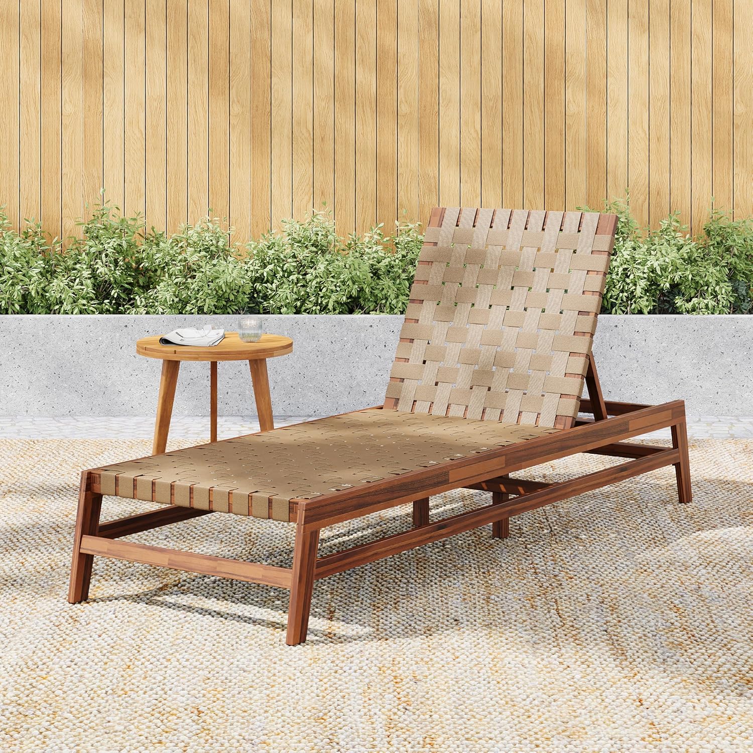 Christopher Knight Home Susua Rope Chaise Lounge with Acacia Wood Frame, Adjustable Backrest Single Lounge Sofa, Patio Sun Lounger Recliner Chair for Poolside Backyard, Light Brown + Mocha