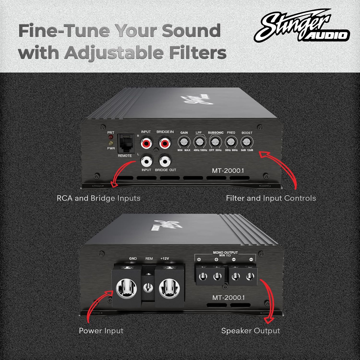 STINGER Audio MT20001 Monoblock Class D Mosfet Power Supply Amplifier with Remote Subwoofer Level Control, 2000 Watts RMS with 0/1 Gauge Amplifier Wiring Kit
