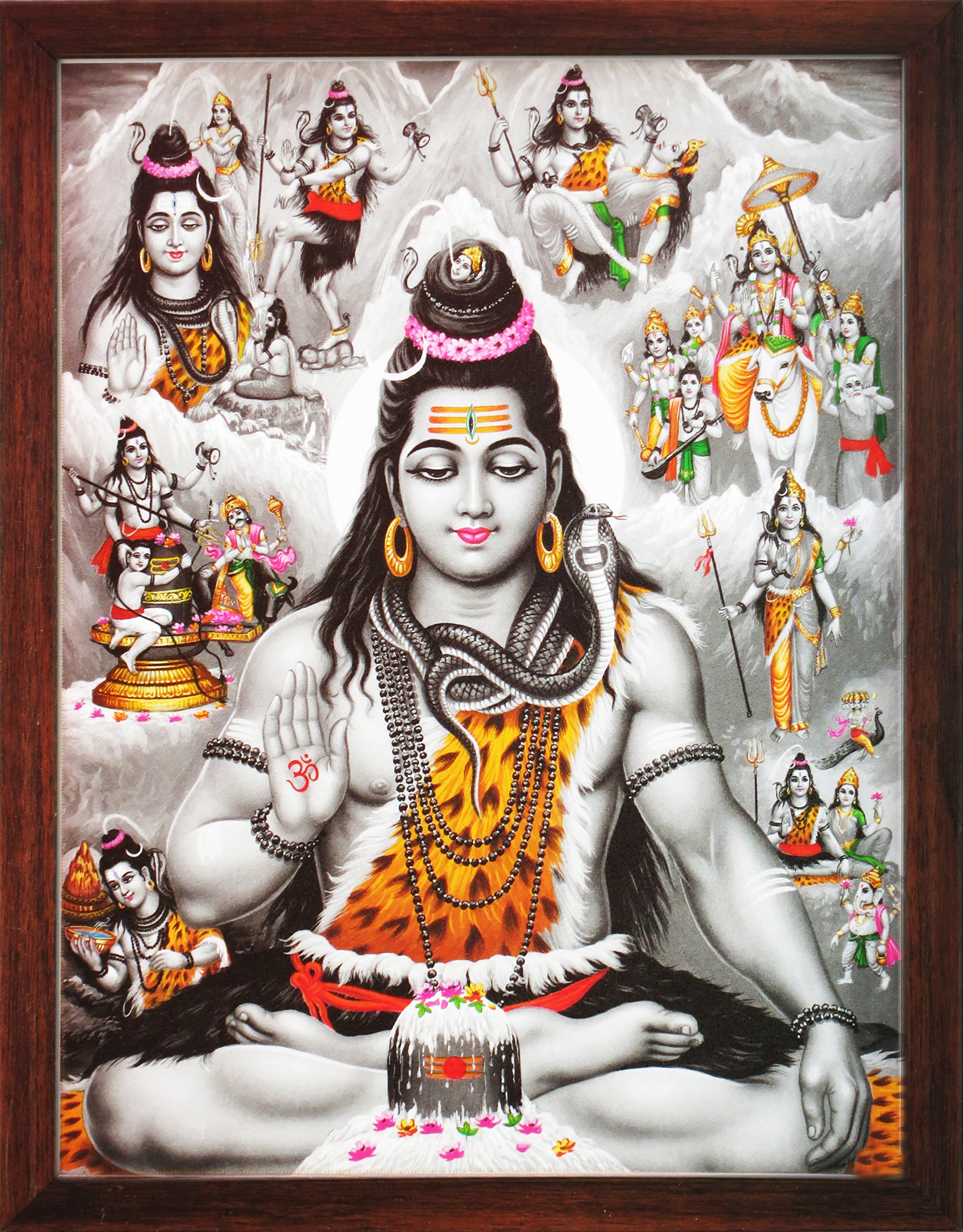 Handicraft Store Shiva Doing Meditation in Himalaya with Various Posture, A Poster Painting with Frame for Hindu Religious Worship Purpose