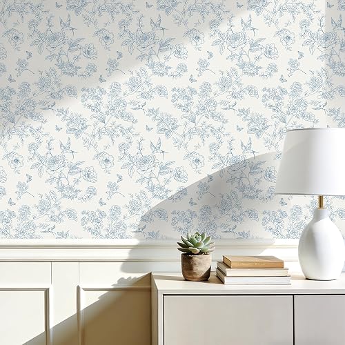 Floral Peel and Stick Wallpaper- Blue and White Vintage Flowers Contact Paper for Bathroom, Bedroom - Boho Removable Self Adhesive Vinyl Wall Paper for Decor Shelf Linings and Cabinets,17.3" x 78.7"