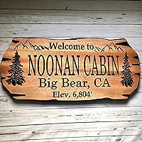 Personalized Rustic Cabin Welcome Sign - Outdoor Mahogany Wood Lake House Decor with Pine Trees & Mountains