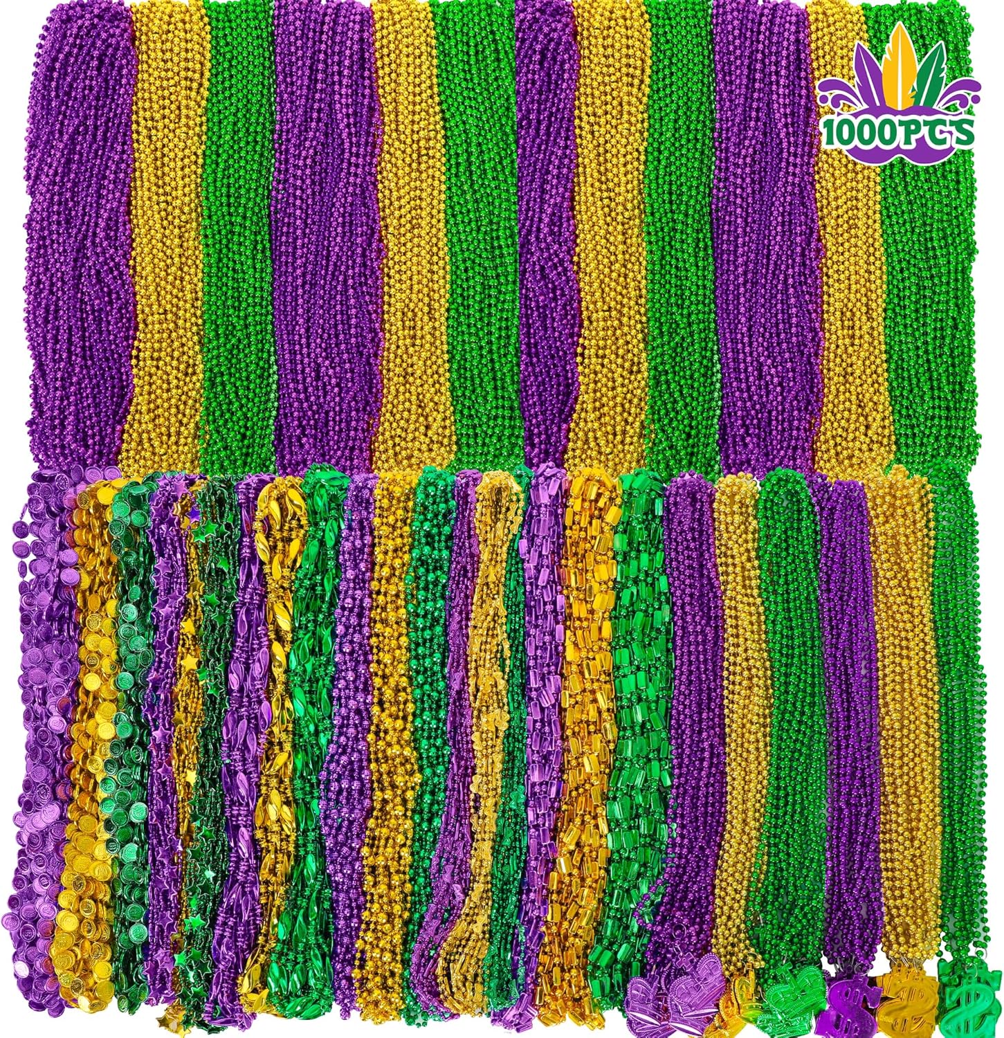 1000PCS Mardi Gras Accessories, 27 Kinds Mardi Gras Beads Coins Mask Shape Necklace Bulk, Green Purple Gold Beads Costumes Decor, Festival Carnivals Celebration Events Parade Throw Party Supplies