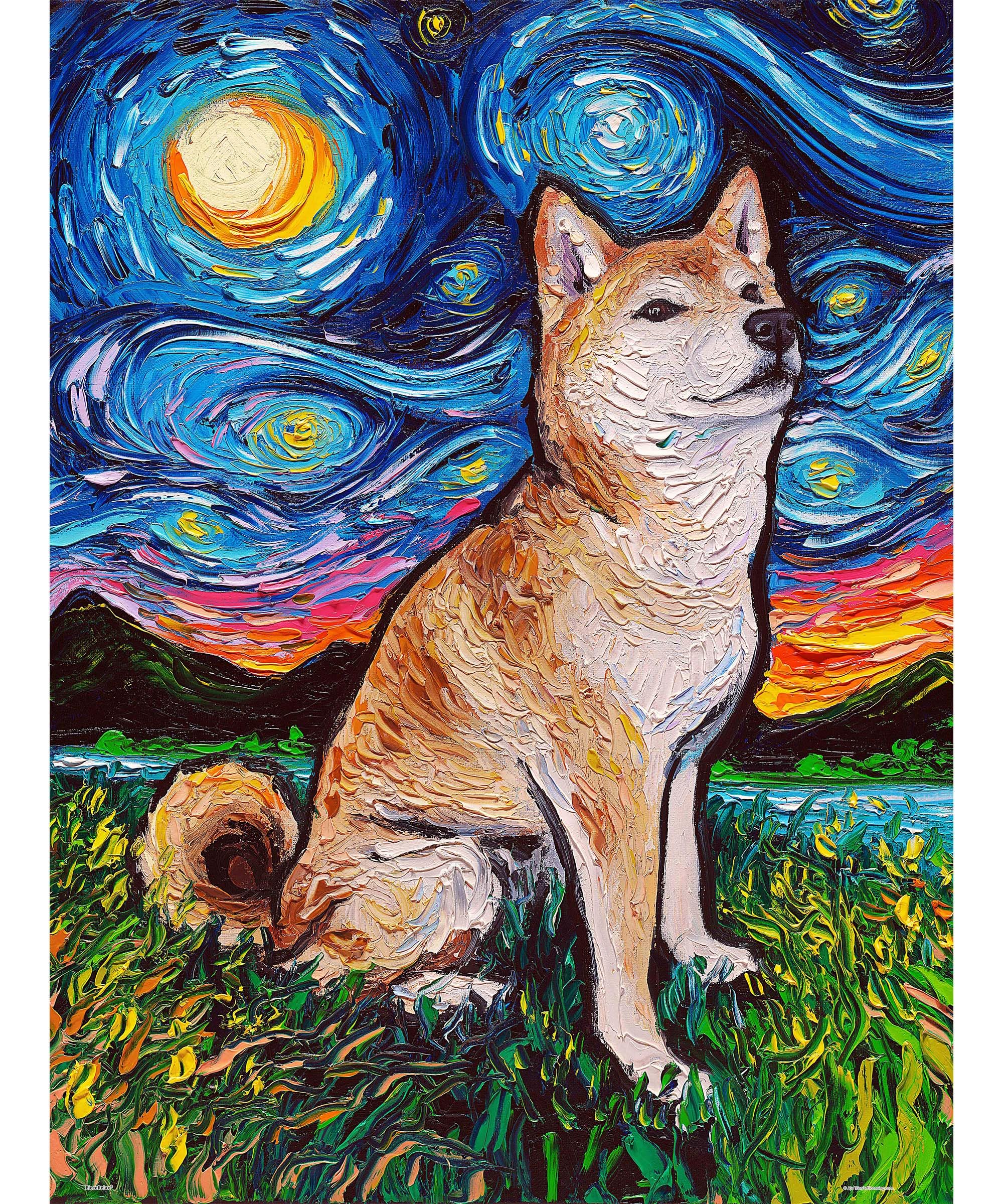 PieceRelax PieceClicks Plastic Jigsaw Puzzles for Adults 1000 Pieces Cute Dog Puzzle Aja Trier - Shiba Inu Night - 25.2 x 18.9 Inches, Dog Artwork [U1102]