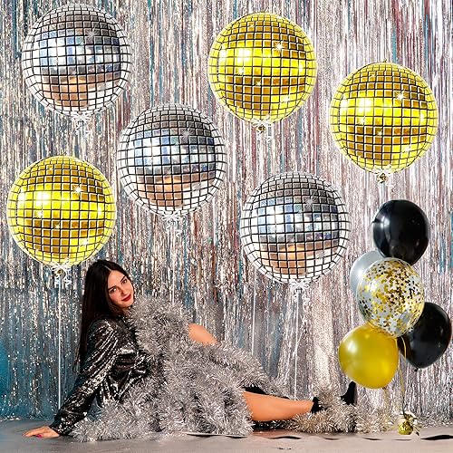 Miniatura 5 de KatchOn Globos de bola de discoteca grandes de 22 pulgadas paquete de 6 decoraciones de fiesta de discoteca  Globos de discoteca dorados y plateados