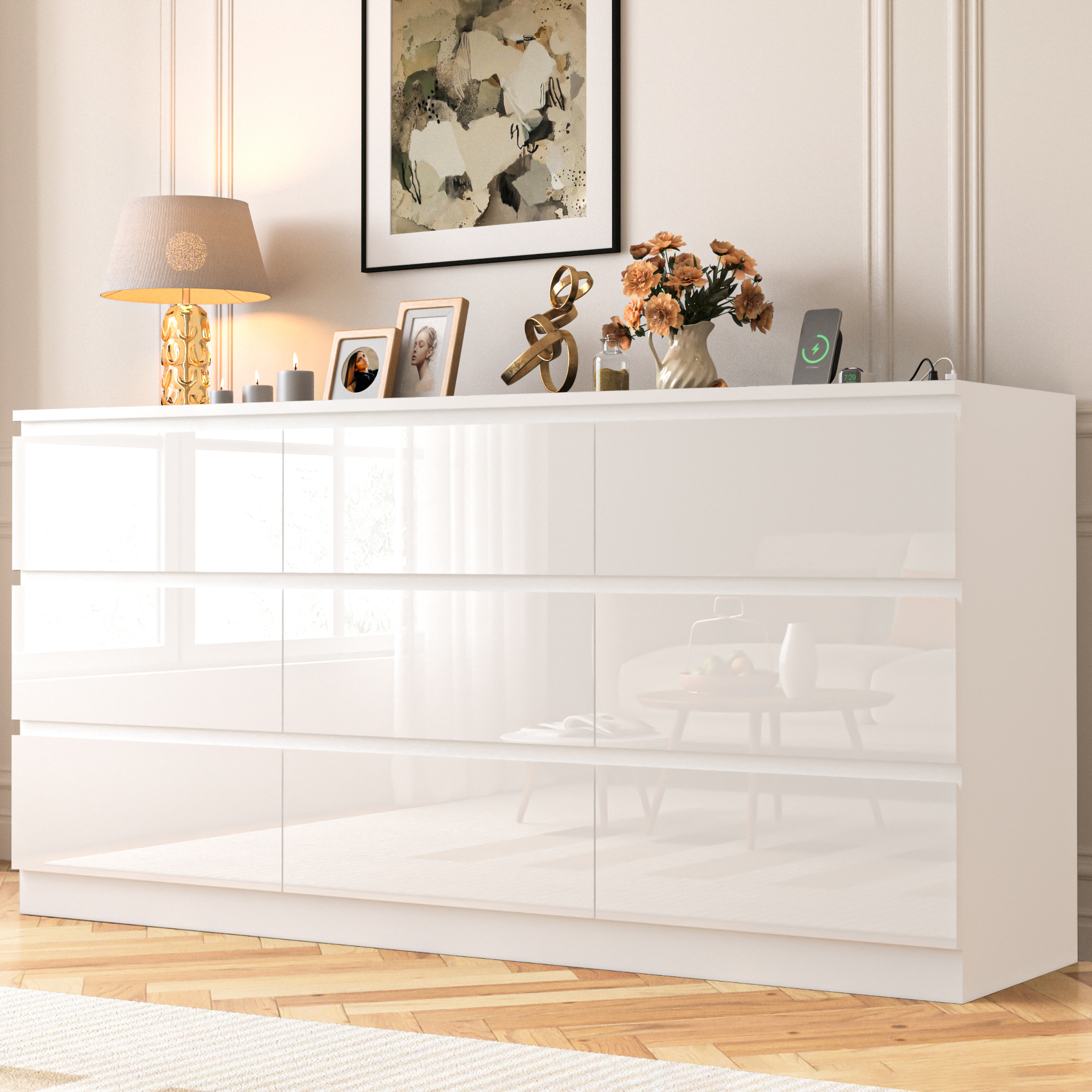 JassmiPkwy 70 INCH 9 Drawers Dresser with Power Outlet, Wide High Gloss Chest of Drawers Large, Modern Storage Drawer Dresser for Bedroom, White : Home & Kitchen
