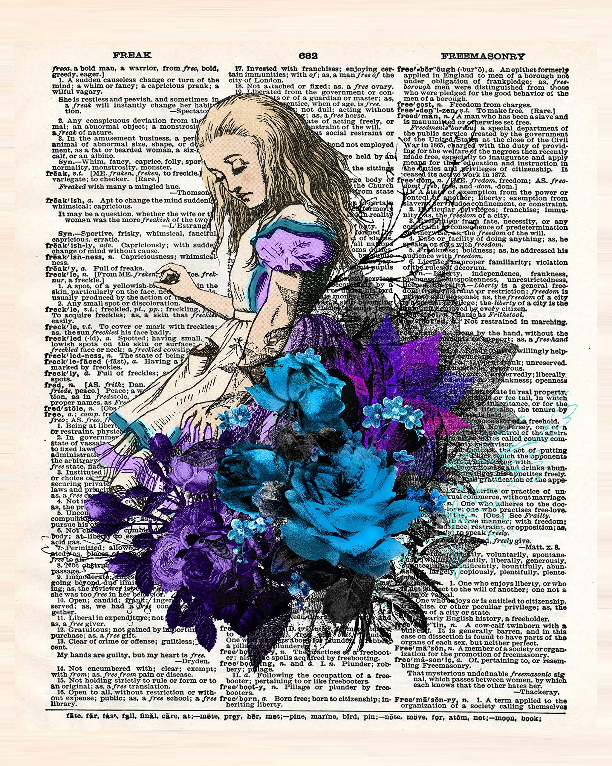 Alice in Wonderland Wall Art 8x10 Set of 5 Unframed Decor Prints Blue Tones. Vintage Style Dictionary Page. Unique Christmas Birthday Gift for Book Lover, English Teacher, Librarian Lewis Carroll Fan