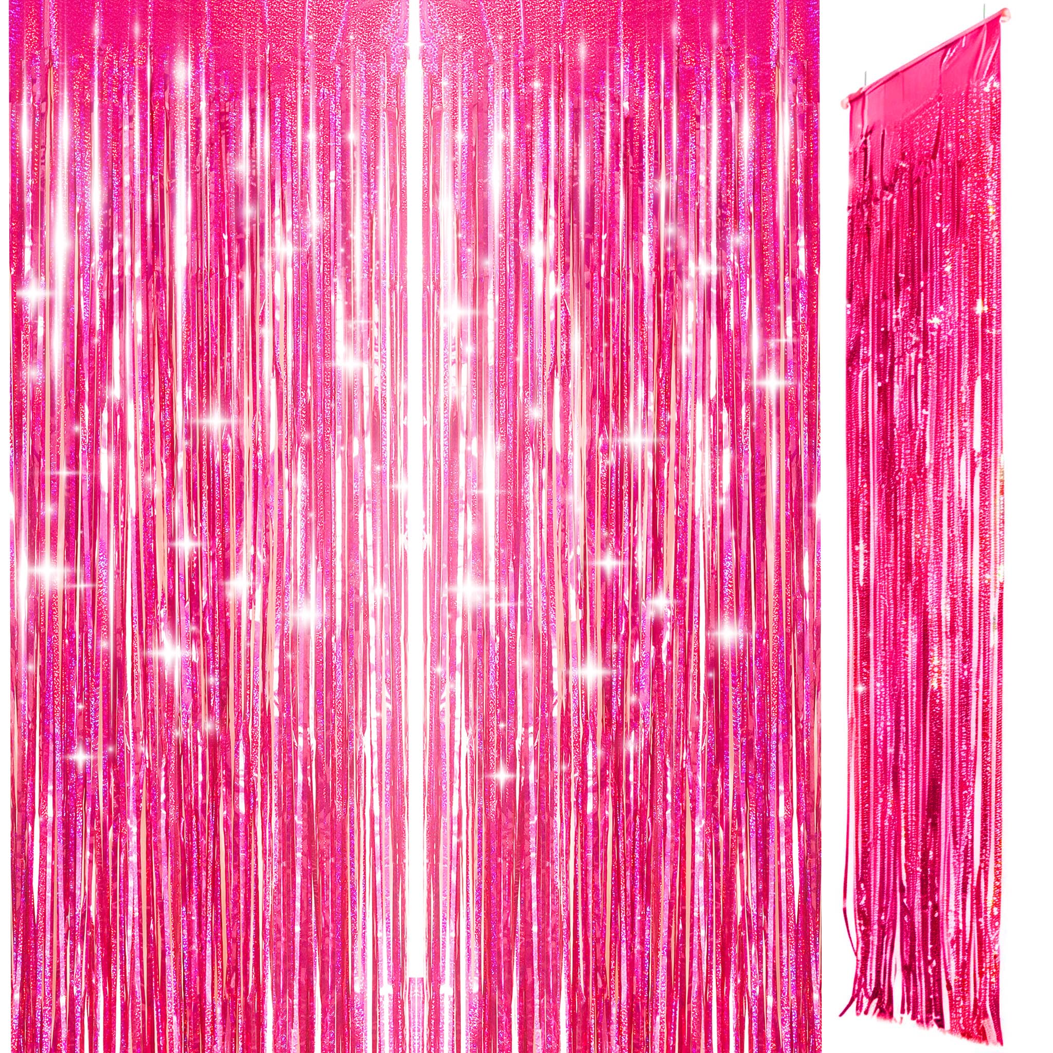 2pcs 3.2ft x 8.3ft Glitter Hot Pink Foil Door Curtain Decorations, Tinsel Curtains Fringe Backdrop, Bright Pink Streamers Door Hanging Decoration for Birthday Wedding Bridal Shower Bachelorette.