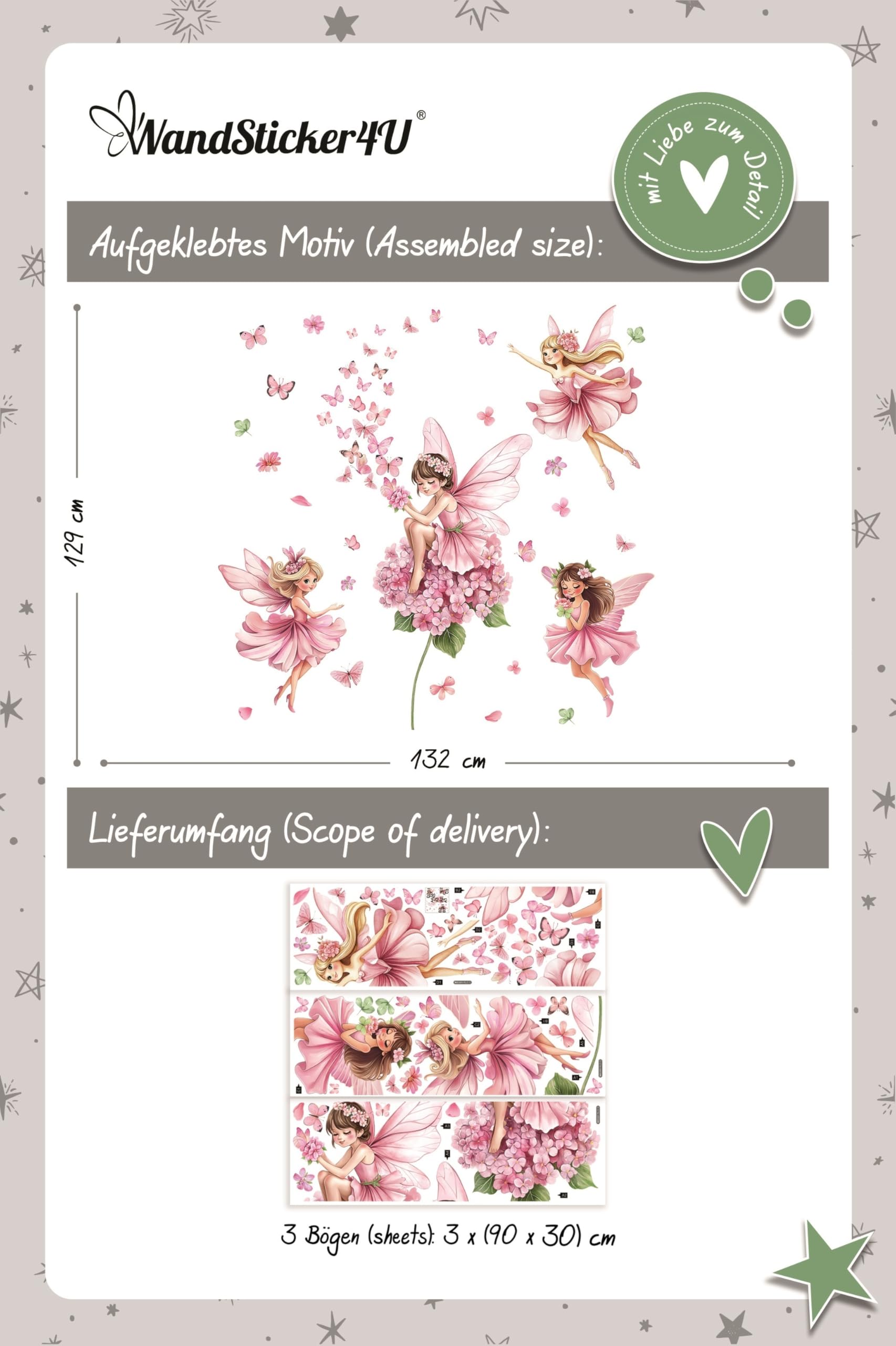 WandSticker4U®- Pegatinas pared decorativas infantiles HADAS y MARIPOSAS rosa (132x129 cm) I Vinilos hadas y mariposas pared niña princesa elfos flores I Decoración habitación niña bebe GRANDE