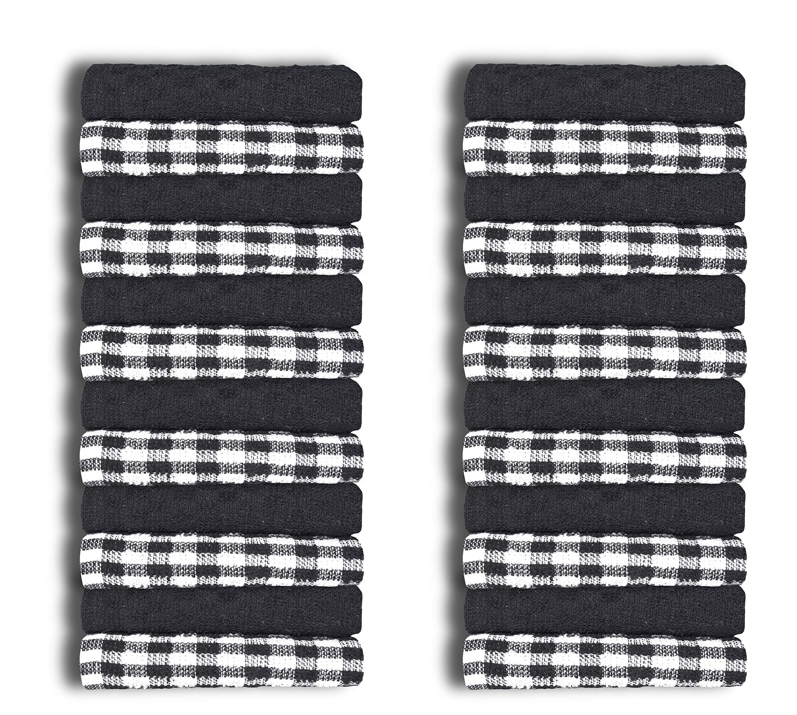 100% Cotton Terry Tea Towels Packs (Sets of 2, 3, 6, 12 or 15) Egyptian Mono Check Superdry Soft Professional Hotel Quality Kitchen Dish Cloth (Black, 15)