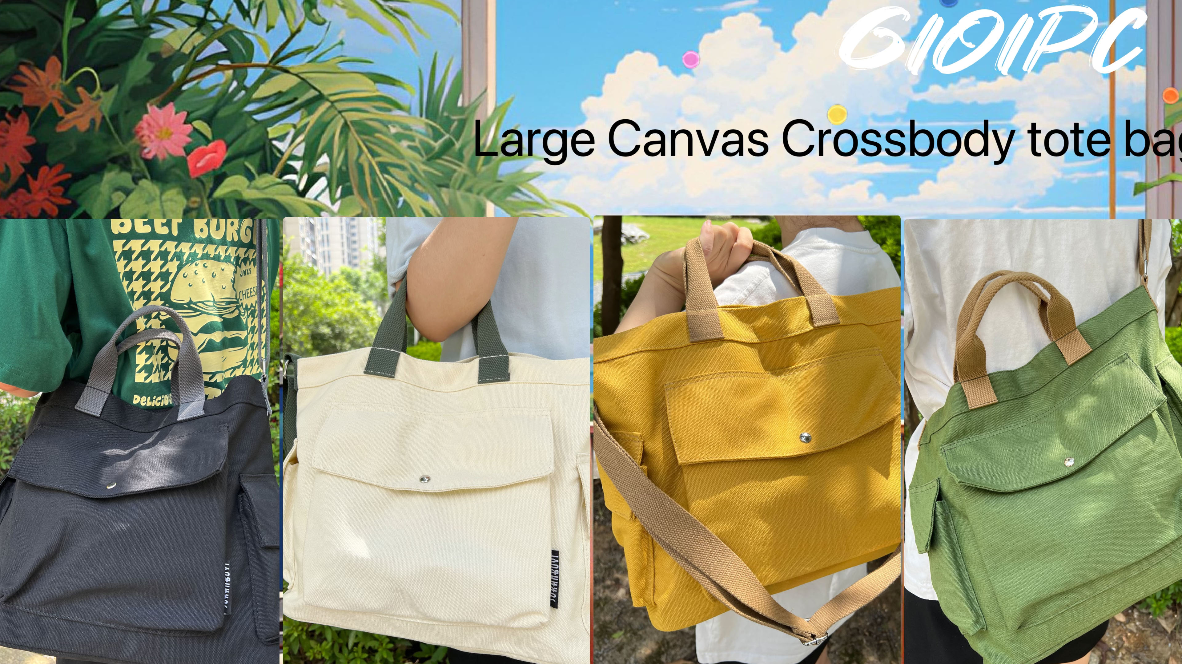 Bolsa Tote Grande de Lona Cruzada con Bolsillos miniatura 7