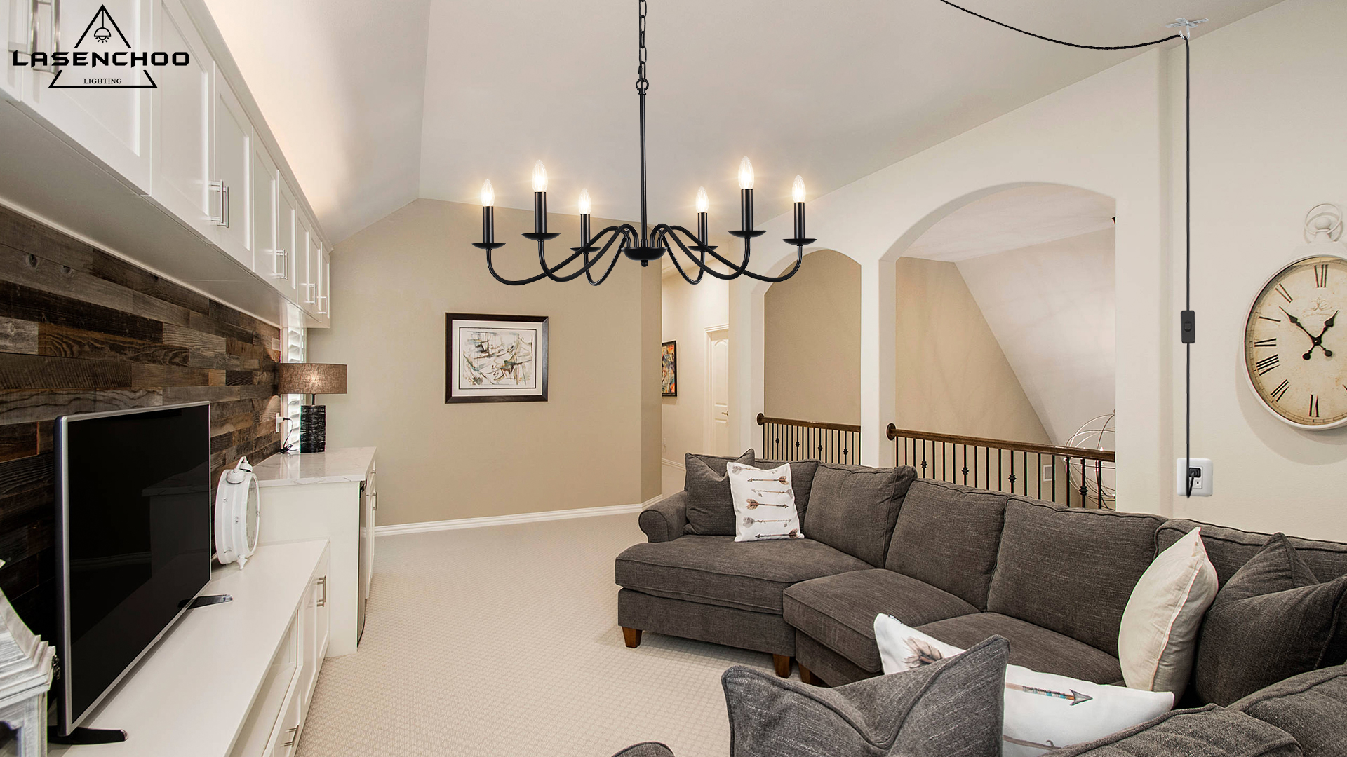 Image of Plug in Chandelier Black, 6 Lights Plug in Pendant Hanging Light Fixtures