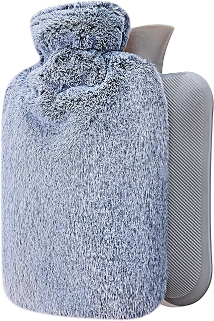 Qomfor Hot Water Bottle with Fluffy Cover - Soft Premium Faux Fur Cover - 1.8l Large Capacity - Hot Water Bag for Cosy Nights, Pain Relief, Back, Neck and Shoulders - Great Gift for Women (Blue)