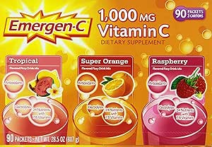 Emergen-C 1,000 mg Vitamin C Dietary Supplement Drink Mix, Super Orange/Raspberry/Tropical, 90 Packets, Net Wt. 28.5 oz.
