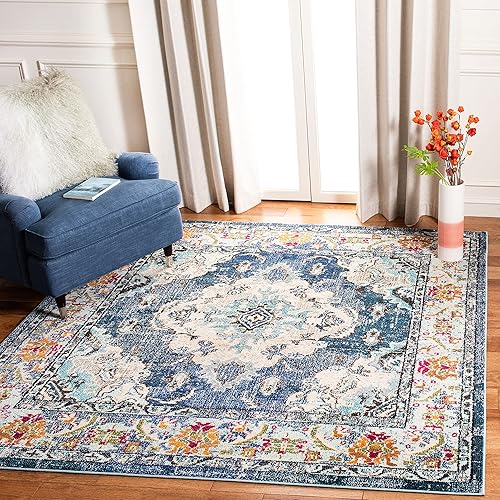 SAFAVIEH Monaco Collection 11' Square Navy/Light Blue MNC243N Boho Chic Medallion Distressed Non-Shedding Living Room Bedroom Dining Home Office Area Rug