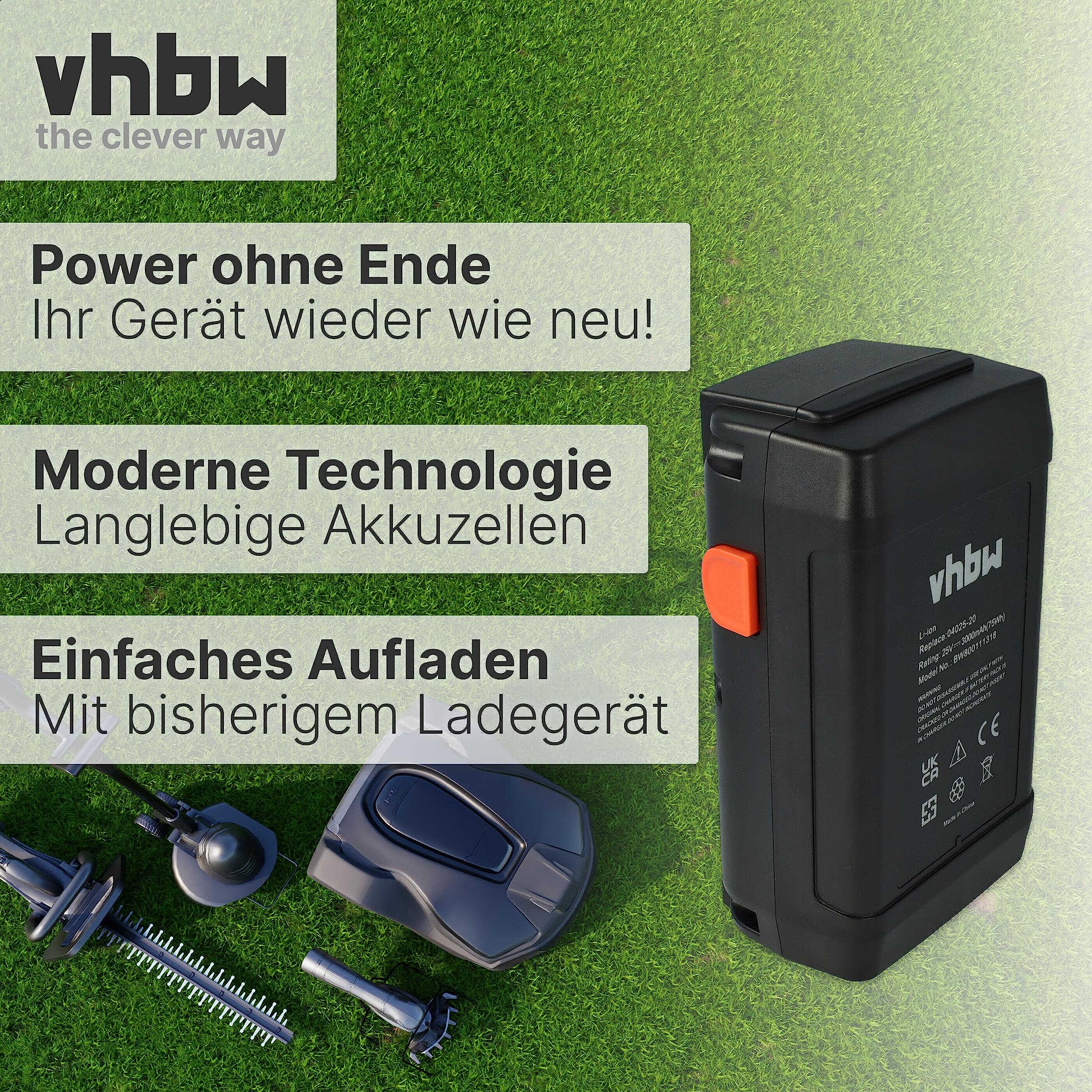 vhbw Batería reemplaza Gardena 8838, 8838-U, 8838U, 04025-20, 8838-20, 4025 para cortacésped 3000mAh 25V Li-Ion