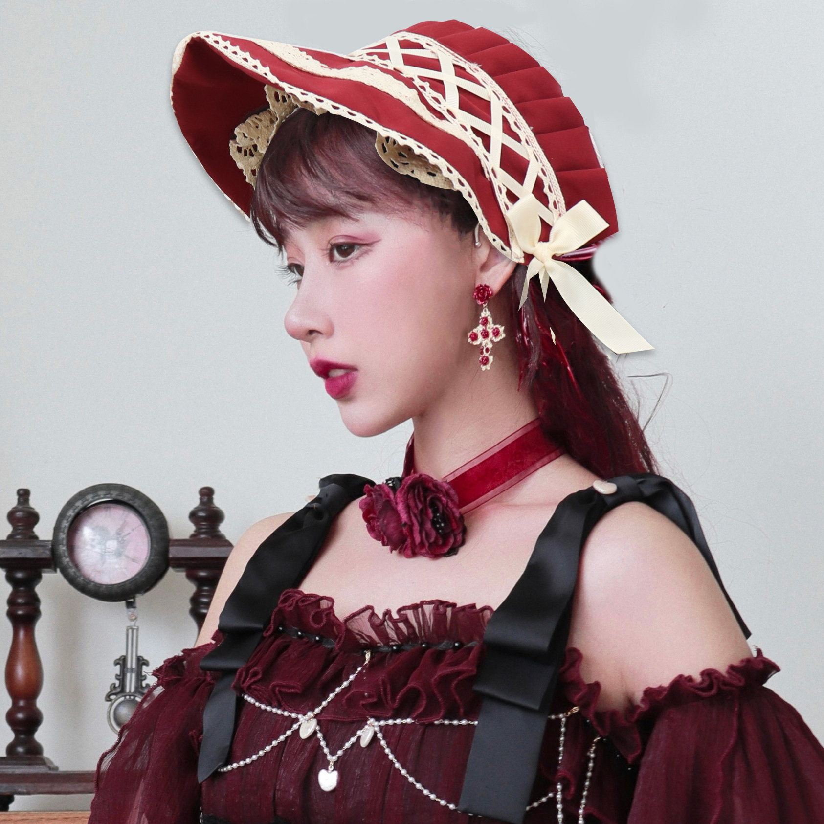 KUOIN Victorian Lace Bonnet Hat Colonial Headwear Carol Party