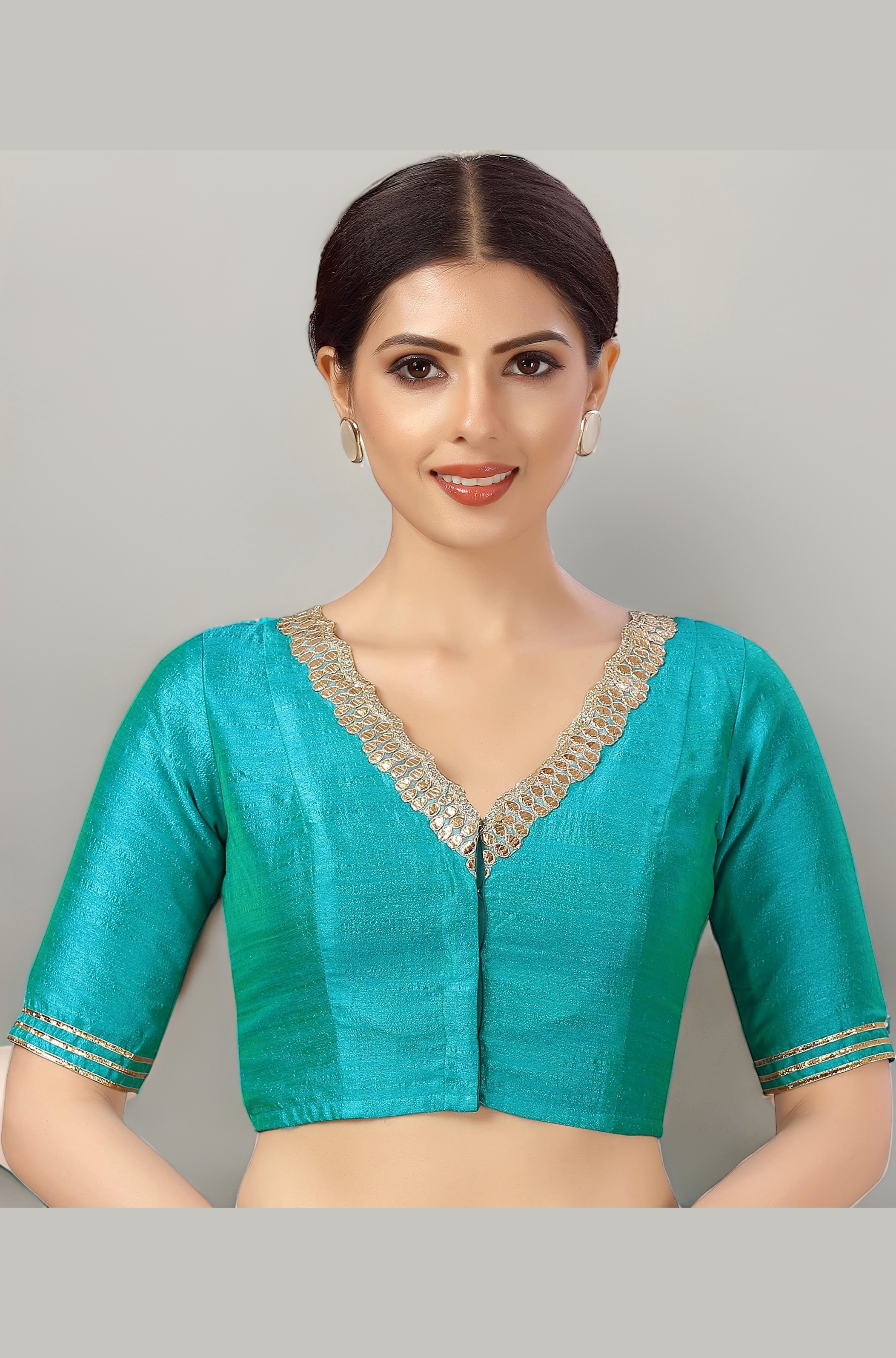 Studio Shringaar Women's Readymade Silky Saree Blouse Elbow Length Sleeves With Embroidered Neckline Choli
