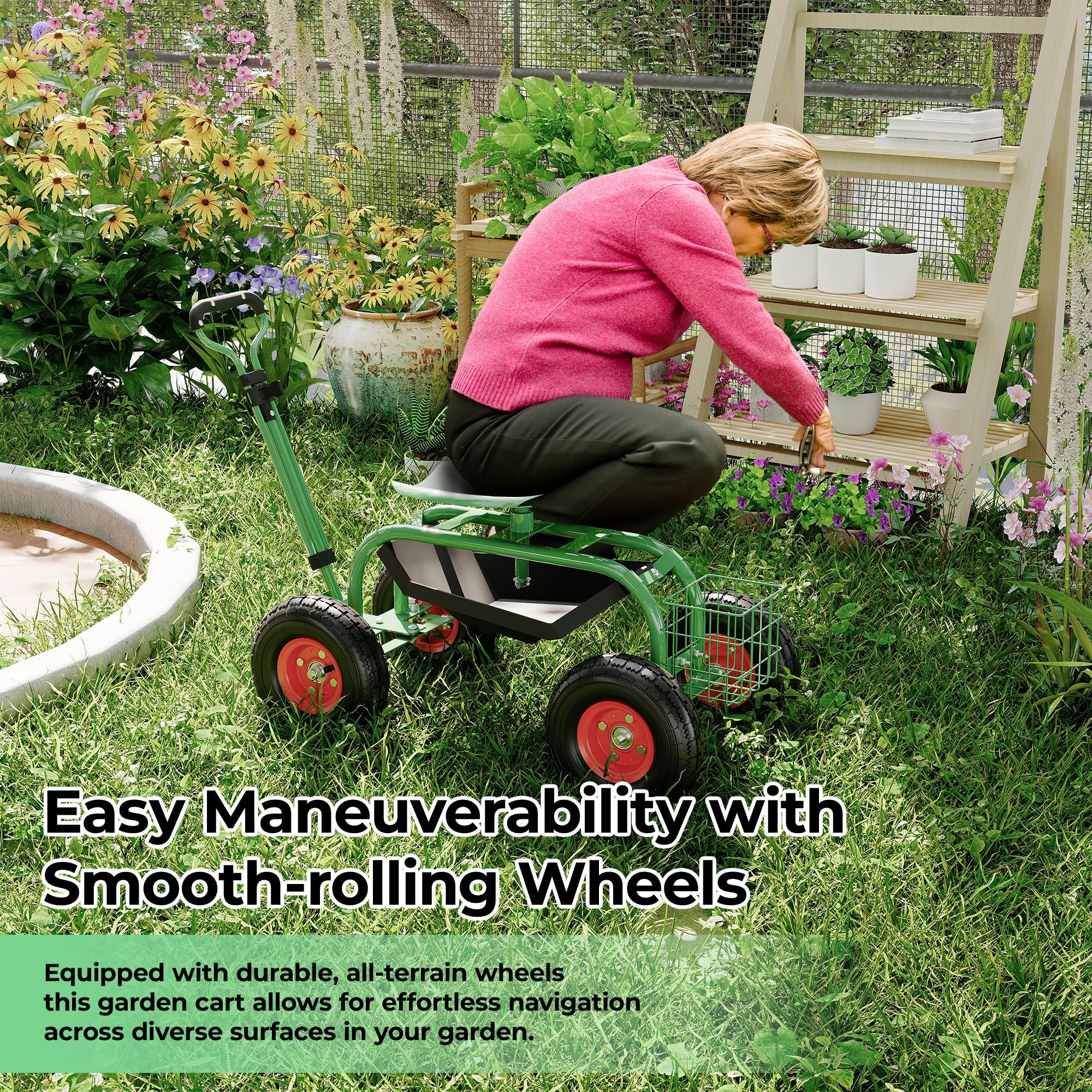 Carrello Da Giardino Con Sedile Su Ruote, Sgabello Da Giardino Con Ruote, Sgabello Da Giardinaggio Resistente Per Piantare Con Sedile Girevole a 360 Gradi, Maniglia Di Sterzo e Vassoio Portau