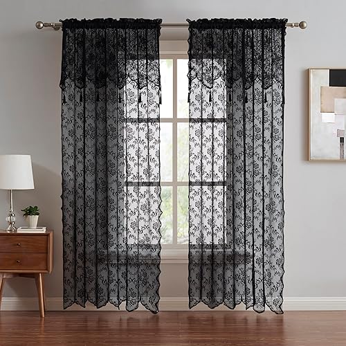 LINENZONE Par de 2 paneles de cortina de encaje con cenefa adjunta y 6 borlas. Nuestras cortinas de 96 pulgadas funcionan muy bien como cortinas de