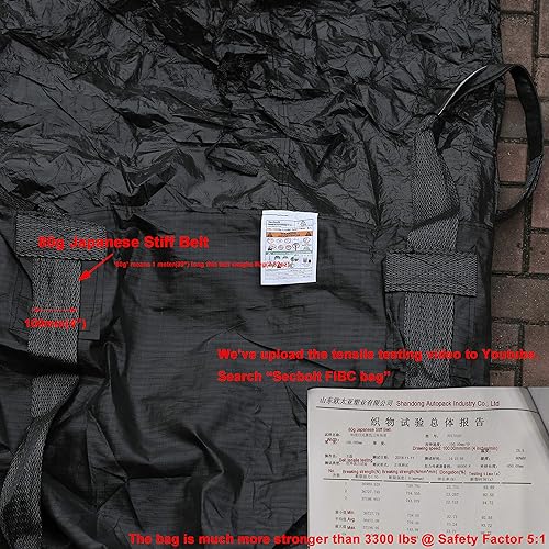 Miniatura 5 de Secbolt FIBC Bolsa a granel, anti-UV 3 años, 3300lbs 1.5 ton SWL @ Safty Factor 5:1, 43" Dia. x 43" H Bolsa tubular, parte superior de lona, fondo