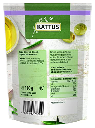 Kattus - Hojiblanca Oliven mit Thymian und Knoblauch | Grüne Oliven ohne Stein | Im wiederverschließbaren Beutel | 120 g im Beutel
