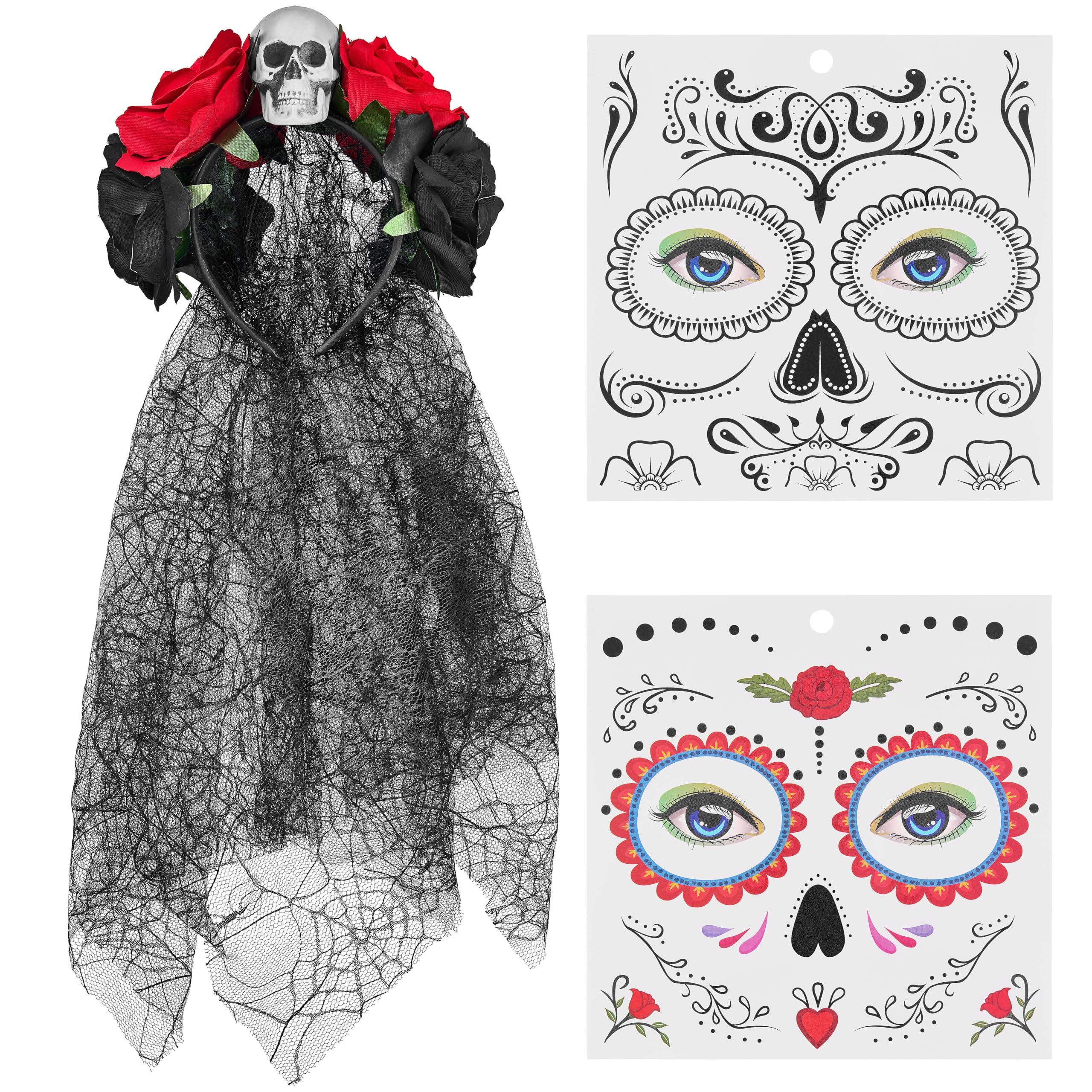 Balinco Dia de los Muertos Women's Day of the Dead Headband with Skull, Roses, Veil and Temporary Face Tattoo, Red, Black