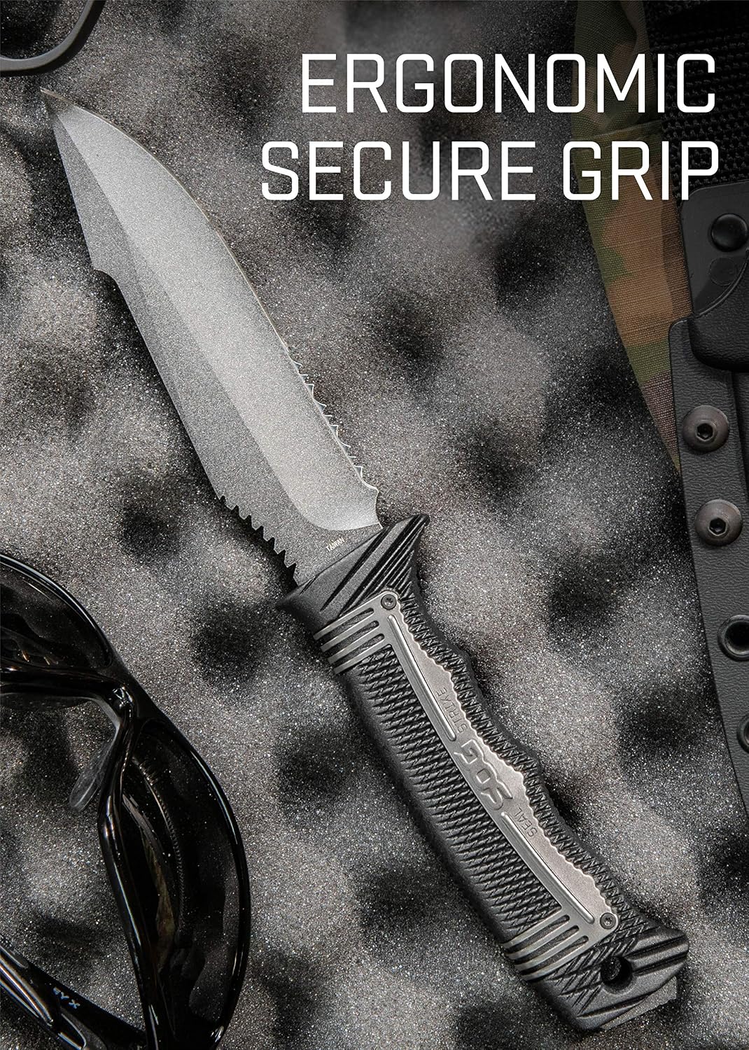 SOG Seal Strike Fixed Blade Knife with Sheath- Tactical and Hunting Knife w/ 4.9 Inch Partially Serrated Bowie Knife Blade and Line Cutter (SS1001-CP)