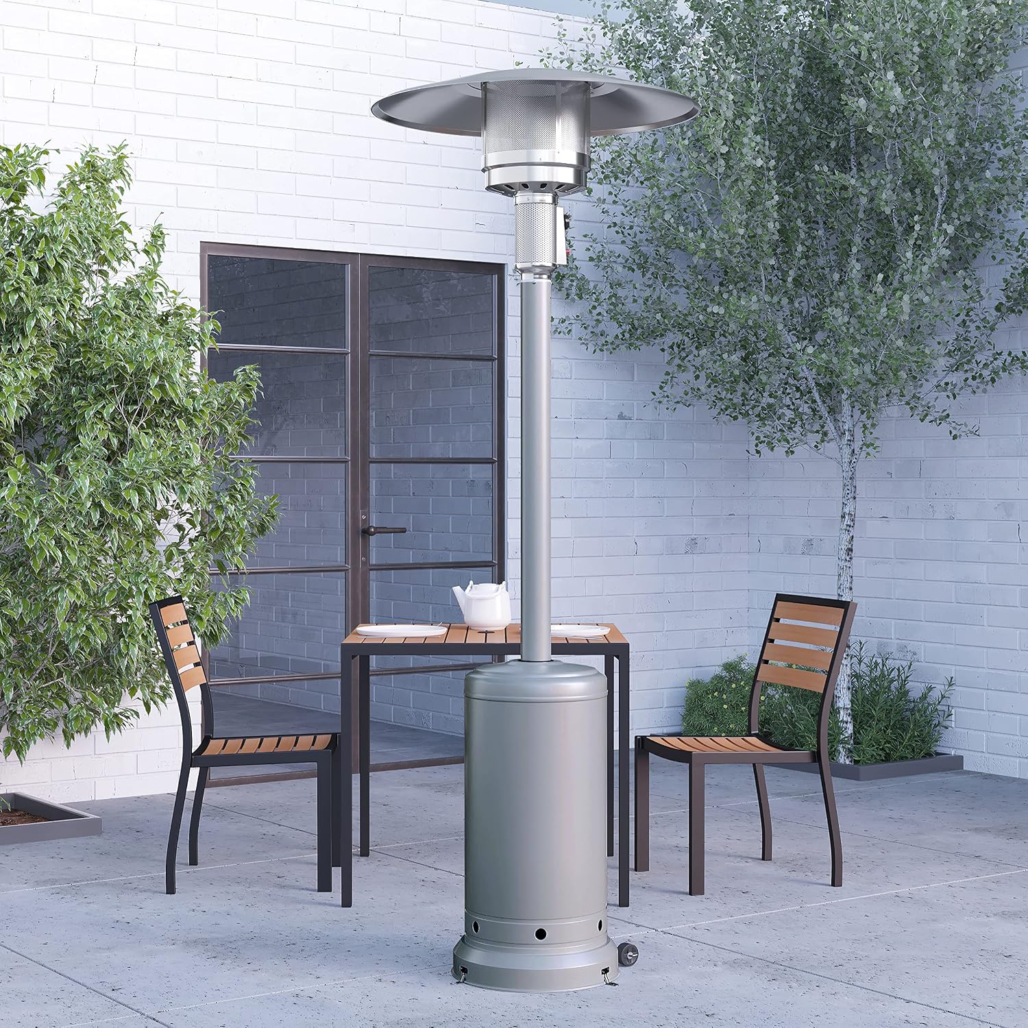 Merrick Lane Outdoor Patio Heater - Silver Finished Stainless Steel - 7.5 Feet Tall - 40,000 BTU - Propane Fuel Source - Wheels for Easy Movement