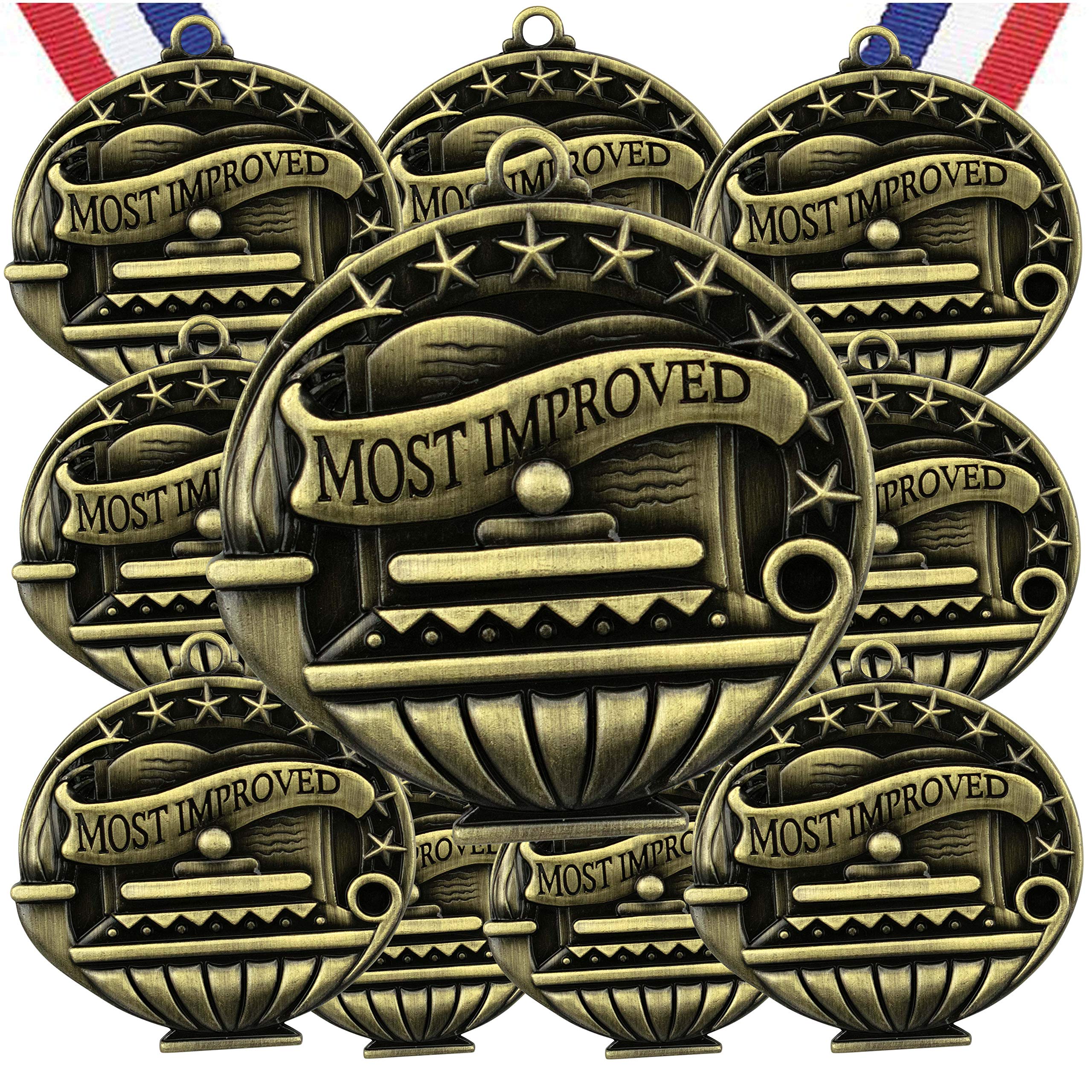 Express Medals Most Improved Gold Medals Trophy Award with Neck Ribbons APMG-749 - (Pack of 10)