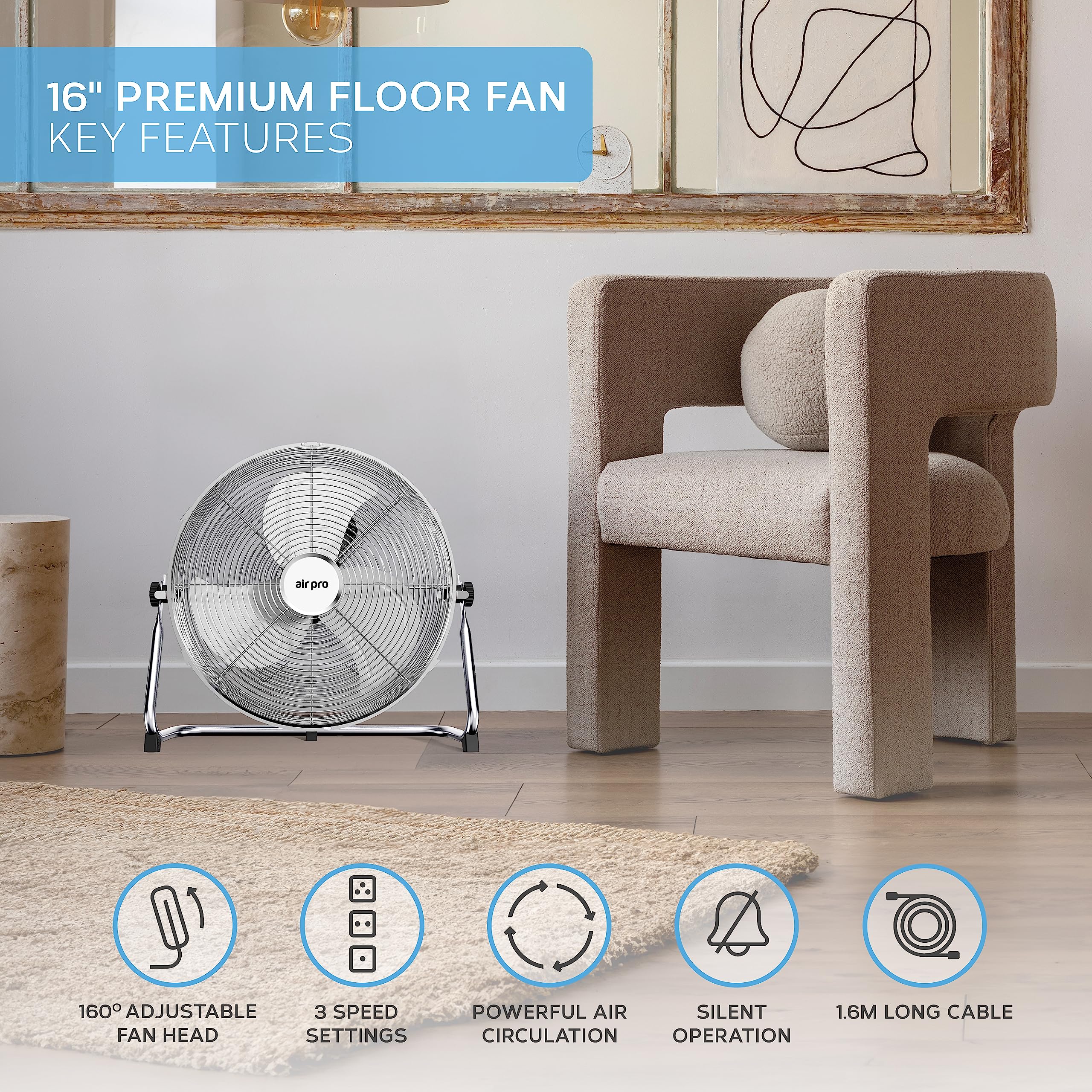 Air Pro 16" Floor Fan - Powerful Air Cooling & Circulating Fan with 3 Speed Setting & Adjustable Tilt - Indoor Home, Office, Gym Fan Quiet Portable Electric Fan with Metal Blade & Body 1.6m Long Cable