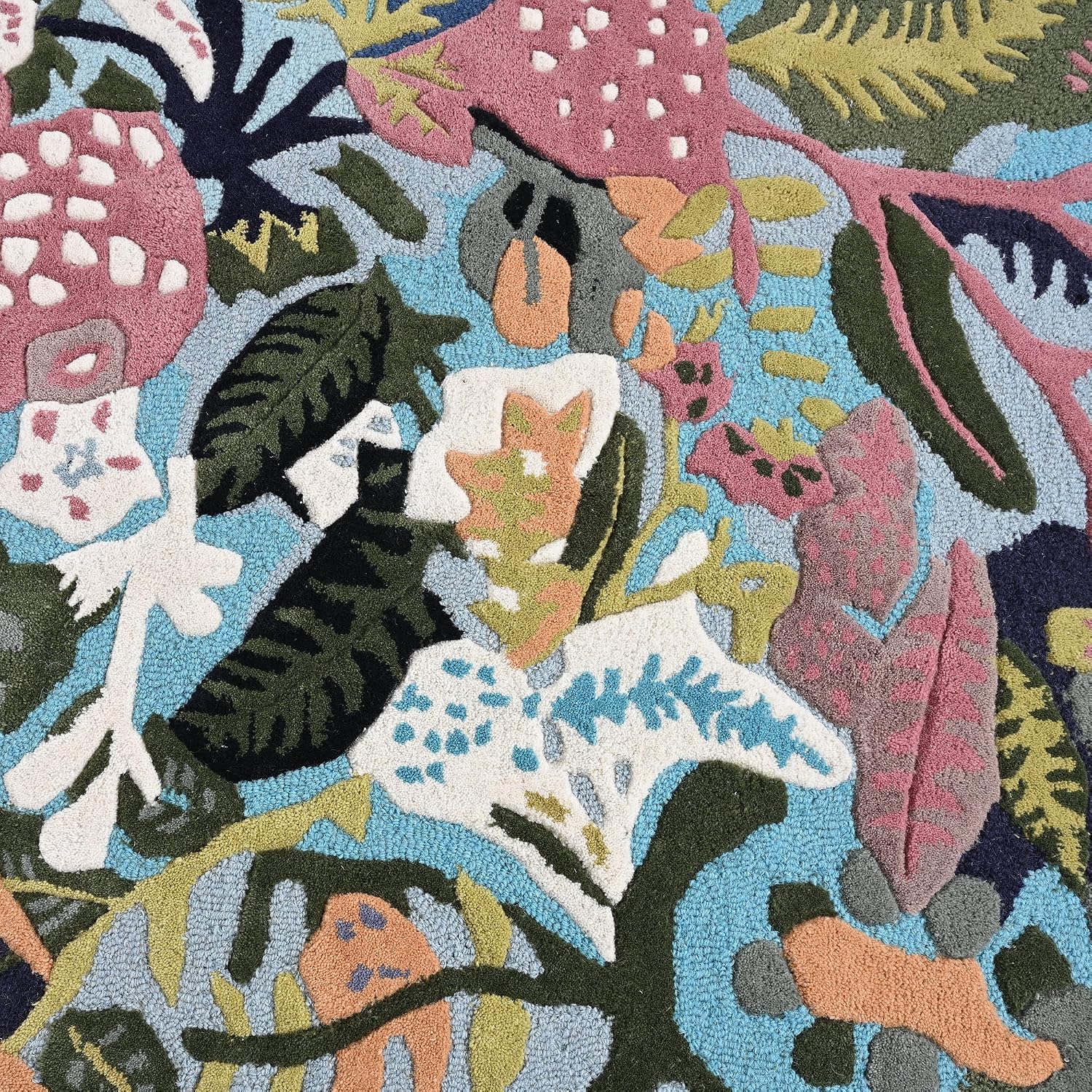 Handmade Floral Wool Area Rug - Irregular Oval Shape, Colorful Botanical Pattern with Leaves and Flowers, Soft, Durable & Thick Carpet - Perfect for Living Room and Bedroom (Light Blue, 5' x 8')
