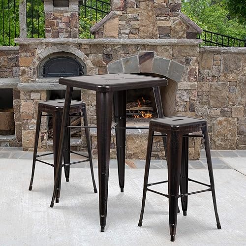 Flash Furniture Stone Commercial Grade 23.75" Square Black-Antique Gold Metal Indoor-Outdoor Bar Table Set with 2 Square Seat Backless Stools