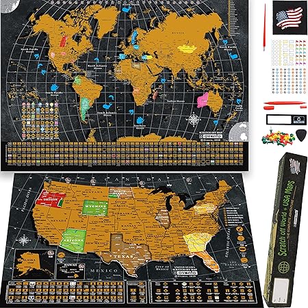 Scratch Off World Map Poster - 17x24 inches - Bonus United States Map. Detailed outlined States, flags/capitals/populations/landmarks/monuments/time zones; full Accessories Set & Name-tag Gift Box