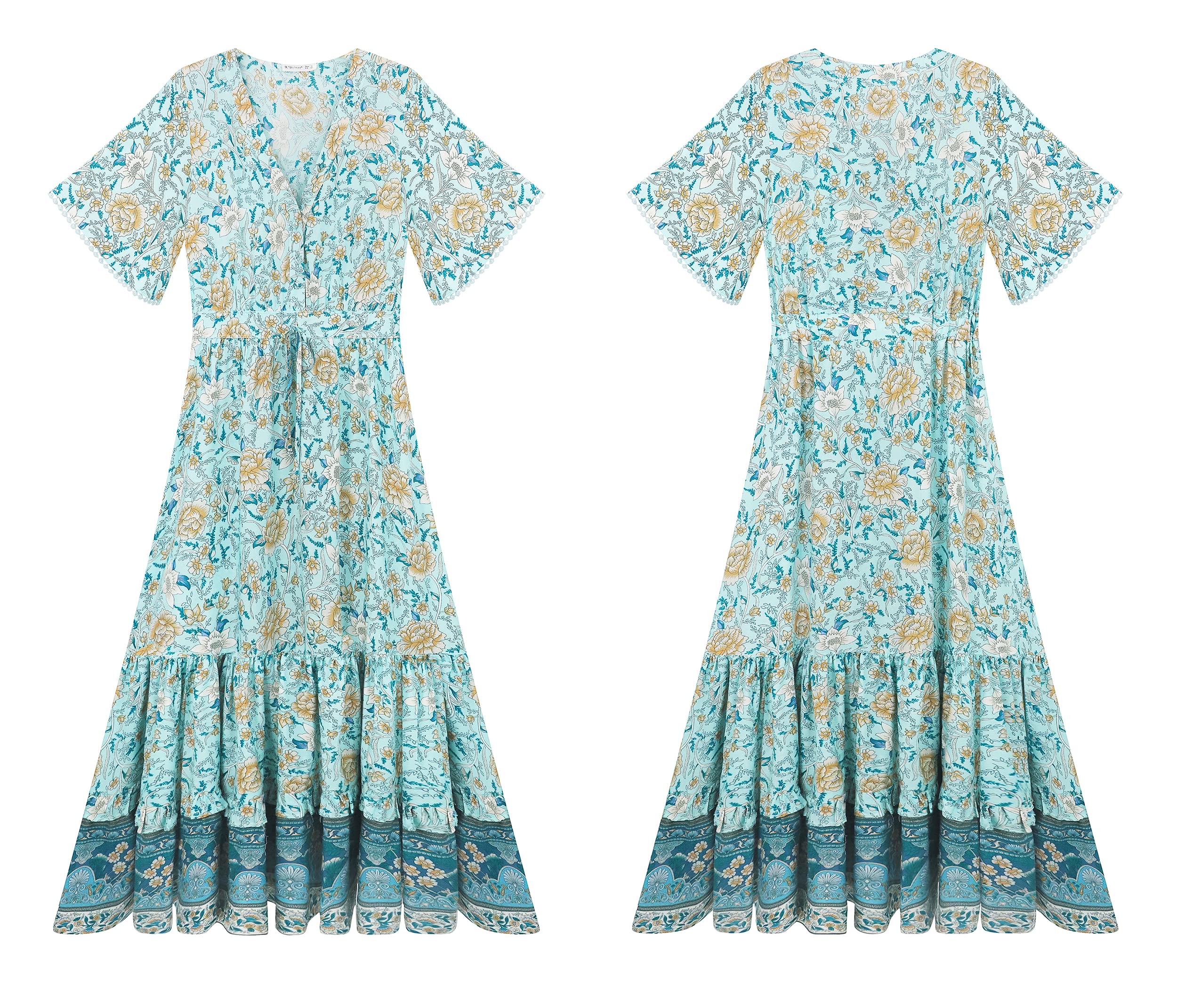 R.Vivimos Abito Boho Estivo Donna Abito Sexy Scollo a V Bottoni Manica Corta Vestito Elegante con Volant Orlo Abito Lungo Maxi da Spiaggia Casual per Le Vacanze(L,Blu Turchese-Floreale)