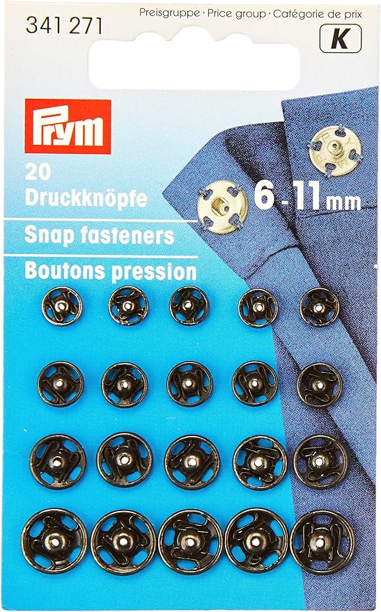 Prym Druckknöpfe zum Aufnähen, 6-11 mm, aus Messing, in Schwarz, 20 Stück Prym Druckknöpfe zum Aufnähen, 6-11 mm, aus Messing, in Schwarz, 20 Stück