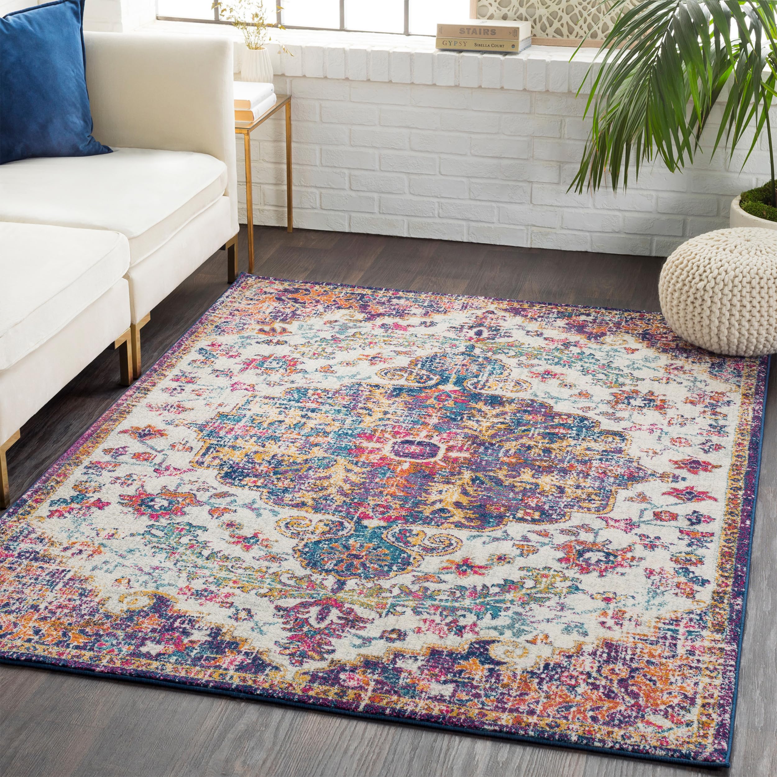 Livabliss Lou Asmara Vintage Rug for Living Room, Dining & Kitchen 120x170 cm, Traditional Boho Design, Multicoloured Burgundy and Blue, Easy Care Pile, Large Floor Covering