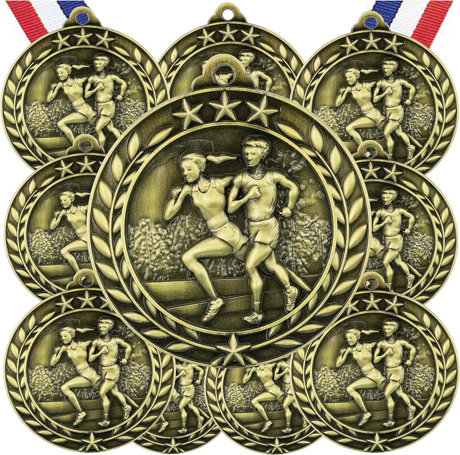 Express Medals Pack of 10 (or More) 1.75 Inch Gold Cross Country Running Race Award Medals with or Without Engraving Personalization Engraved Custom Runner 5K 10K Fun Walk Run Runner