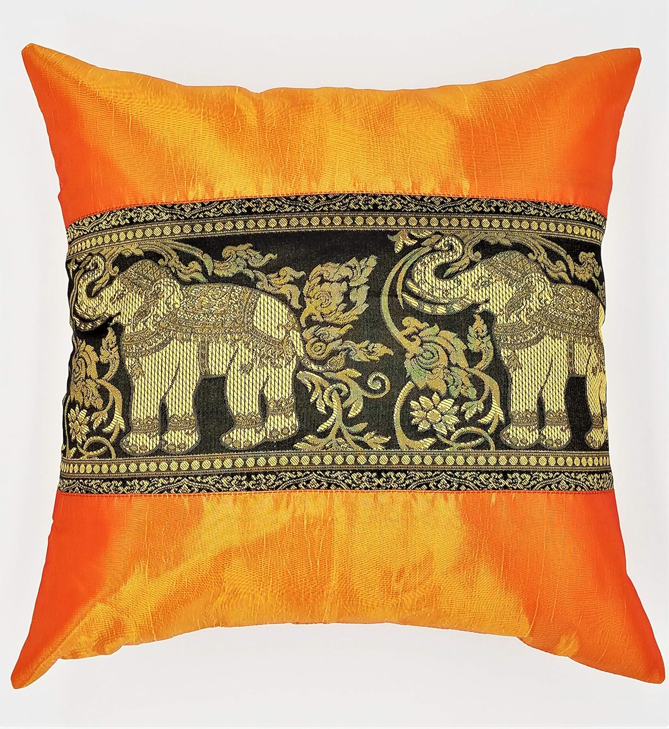 Decorative Pillow Covers Made from Thai Silk. Embroidered with Floral Print and Large, Regal Elephants Throw Pillow Covers (Orange & Black)